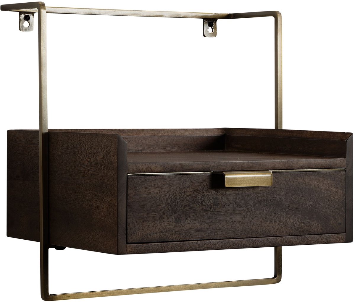 Ervesto Nachtkastje - Wandmontage 44x45x35 Cm - Mango Massief Hout Donkerbruin - Hangende Nachtkast - Met Lade En Plank