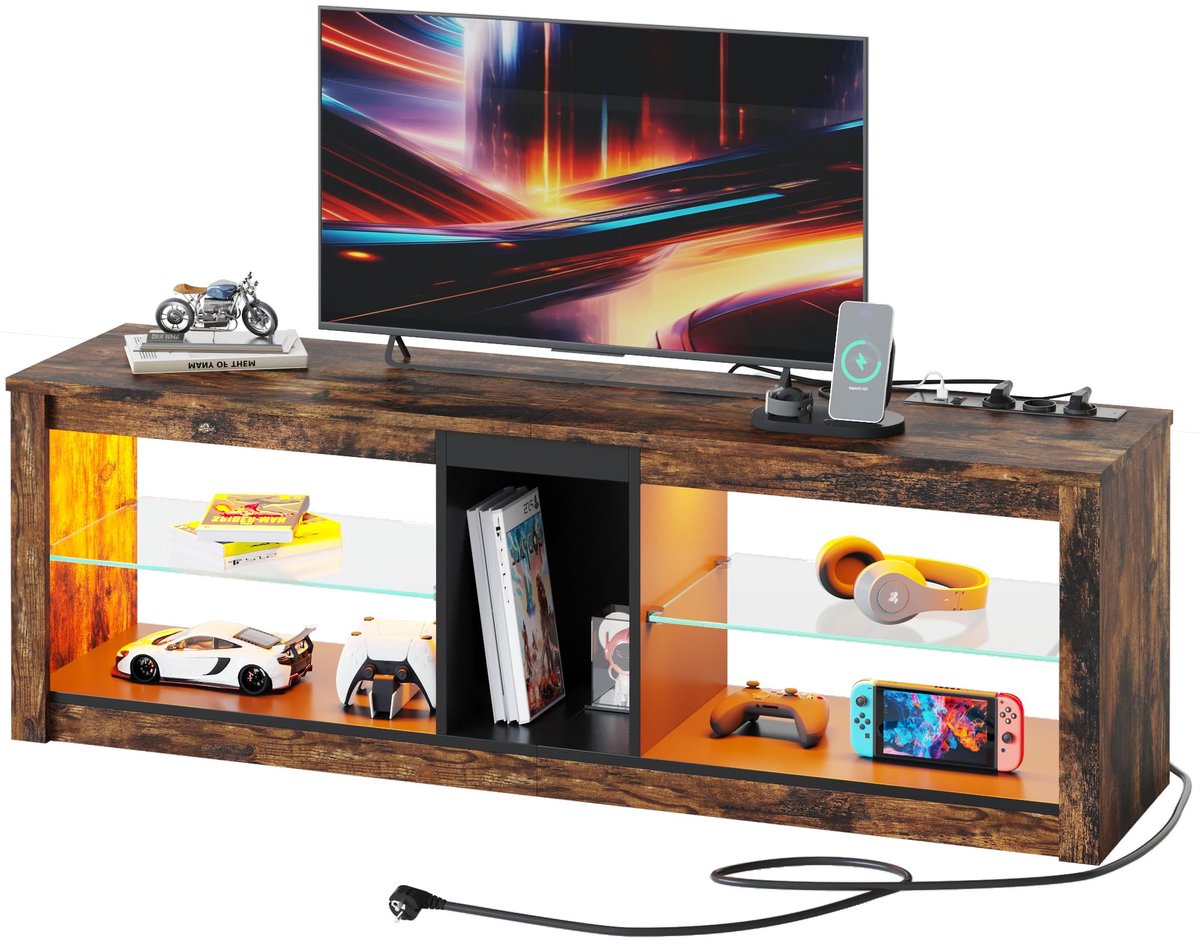 SnelShoppen - TV-standaard 140cm voor TV's tot 65 inch met RGB LED-verlichting, 3 stopcontacten en 2 USB-oplaadpoorten, moderne tv-tafel voor woonkame