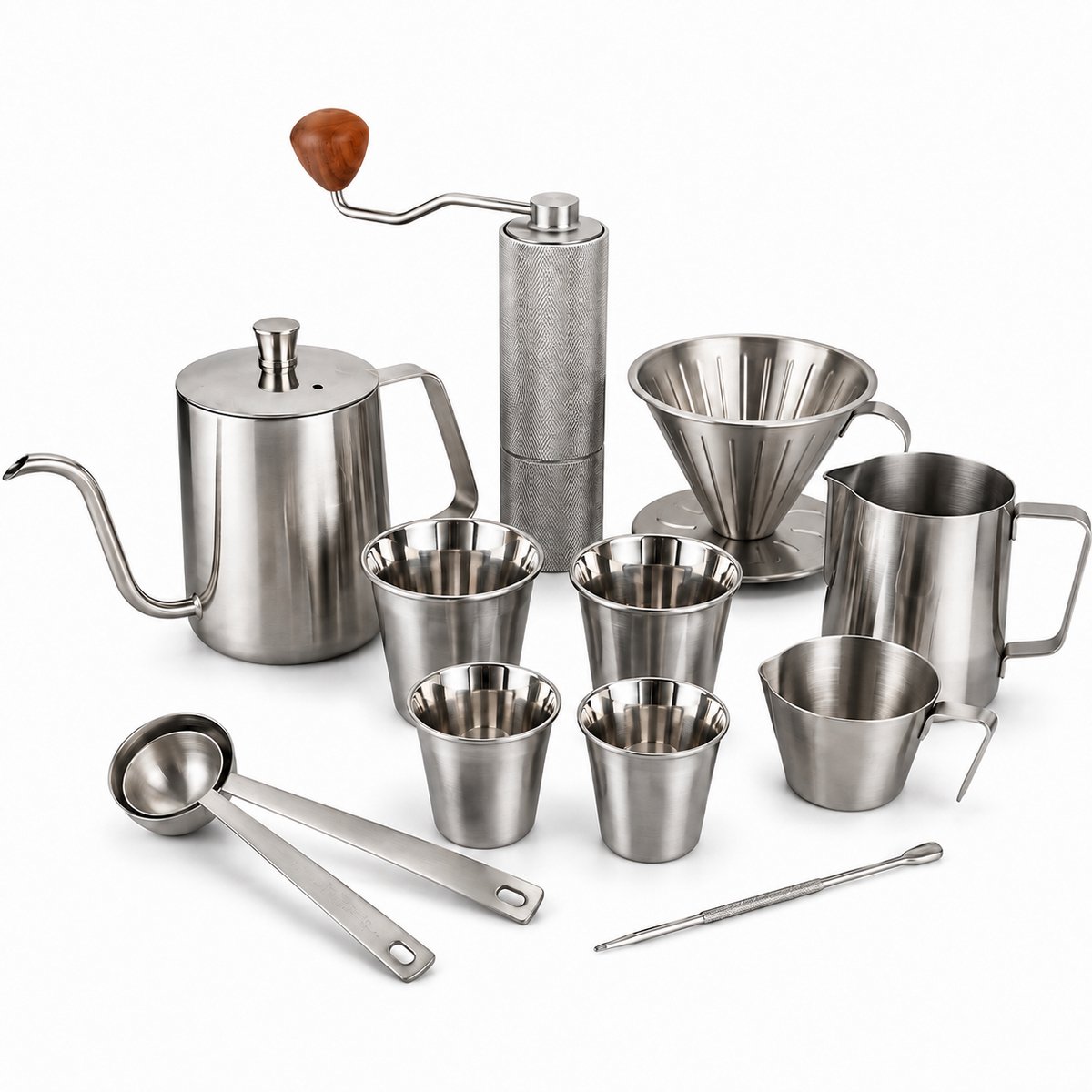My Green Deal - Complete RVS Koffieset 9-delig - Slow Coffee Set met Handkoffiemolen, Koffiefilter Nr. 2, Koffiekan 600 ml, Melkkan & 4 Koffiekopjes - Zilver