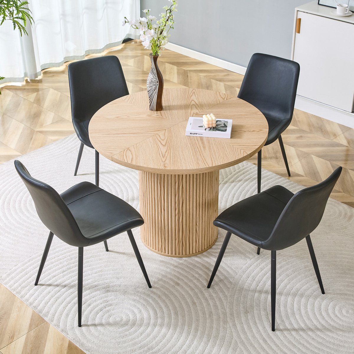 COVREO Eettafelset 100 cm, zwart en houtlook, MDF en metaal, 4 stoelen