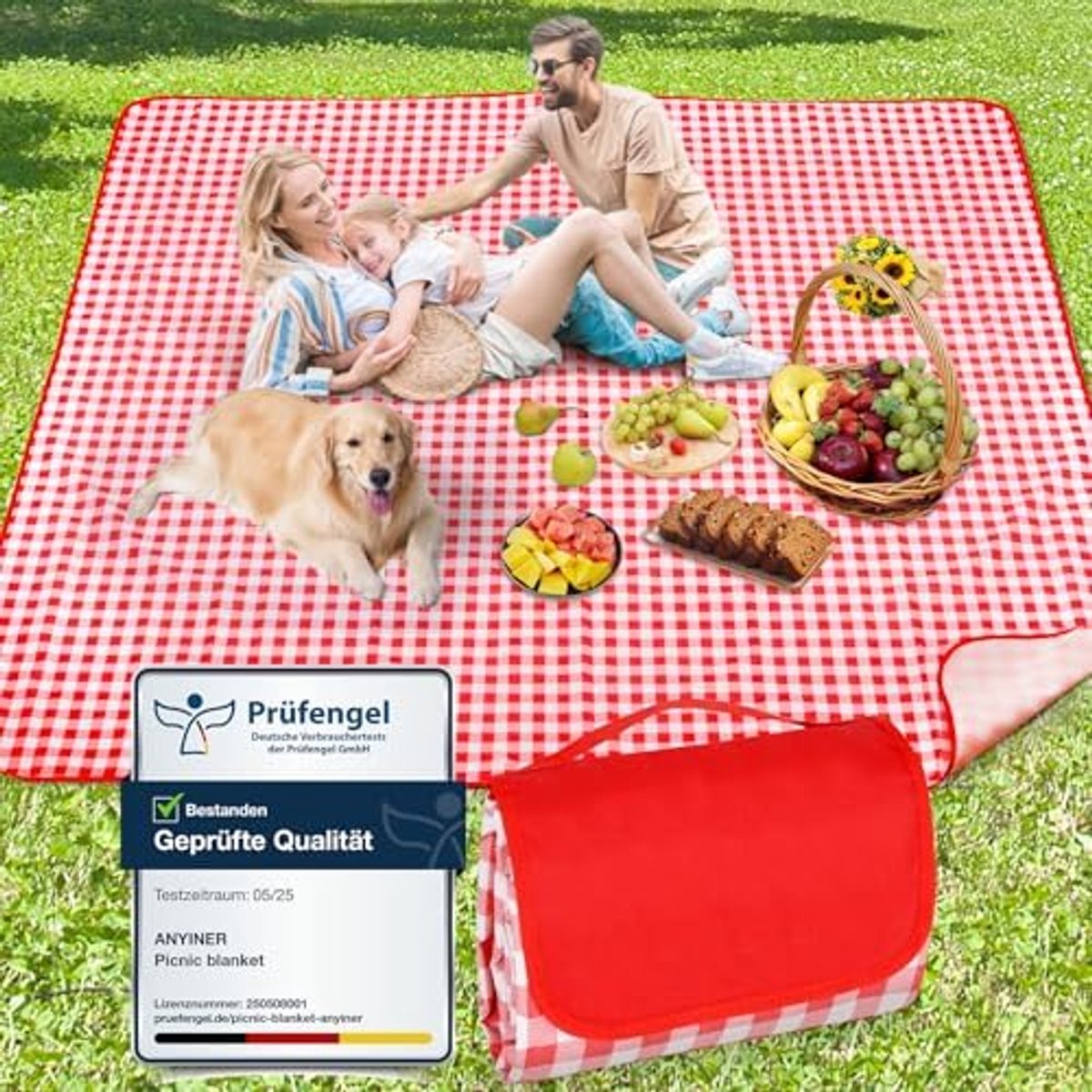 Picknickkleed 200 x 200 cm – Waterdicht, Zandwerend en Wasbaar – Extra Groot Buitenkleed met Draaghandvat – Rood Geruit