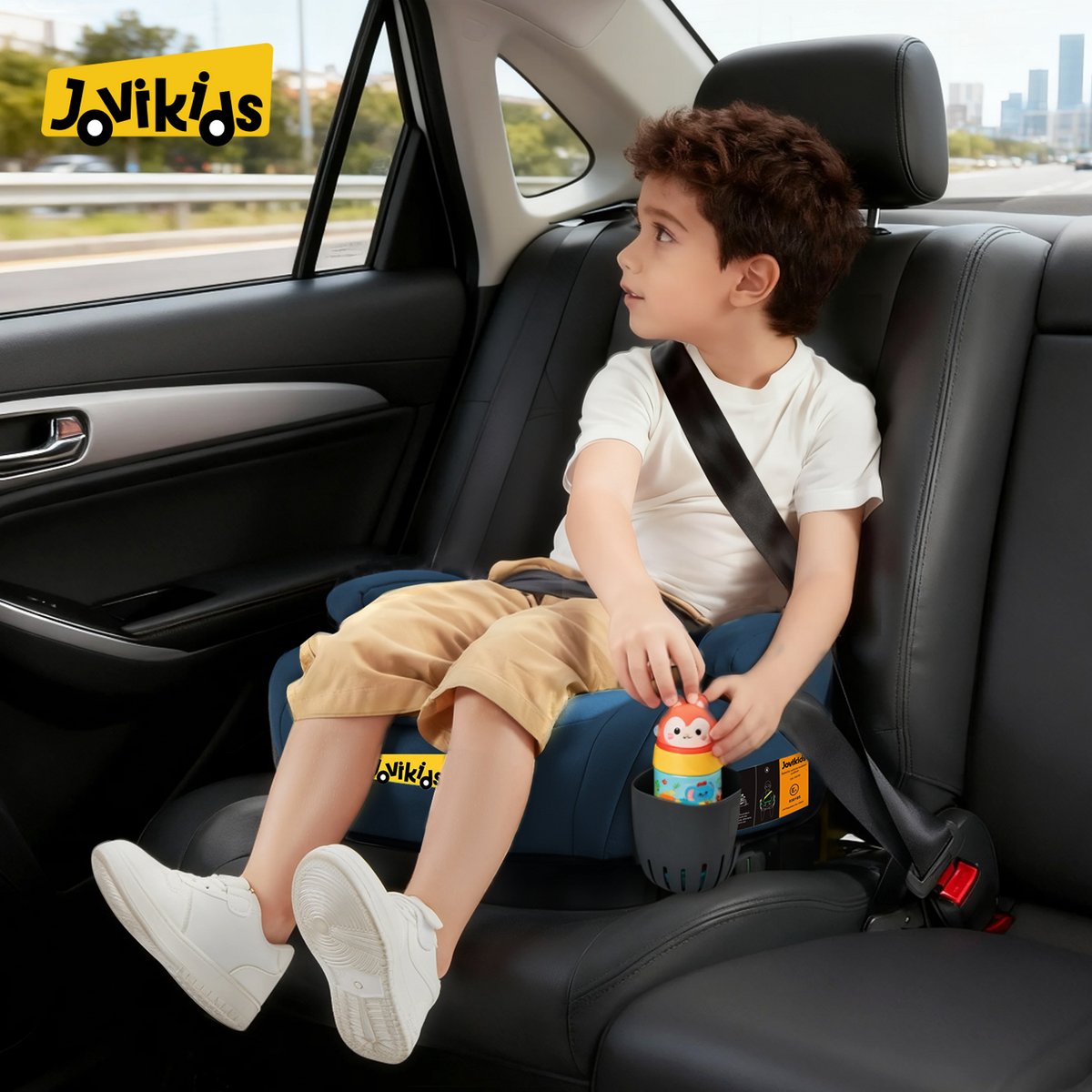 Wishdor Isofix zitverhoger voor kinderen - ECE R129 - Groep 2/3 - 125-150 cm - Blauw - bekerhouder - 37 x 44 x 23 cm