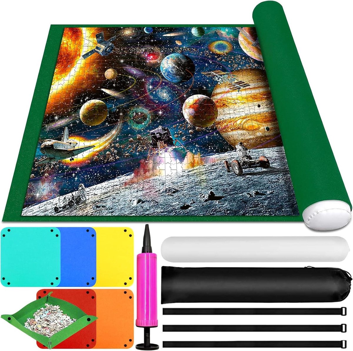 Puzzelmat - Puzzelrolmat Puzzelopberger - Puzzels Opbergen - Inclusief Accessoires - 124 x 90 cm - Groen