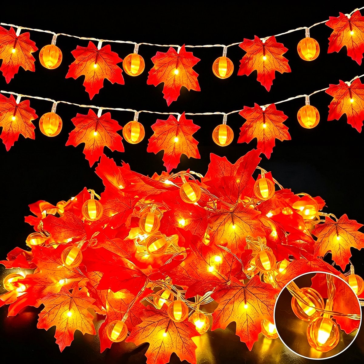 Rosnek 4 Stuks Herfst Lichtsnoer met Esdoornbladeren en Pompoenen - Warm Witte LED Decoratie - Batterijgevoed - 10 LED - Halloween en Thanksgiving