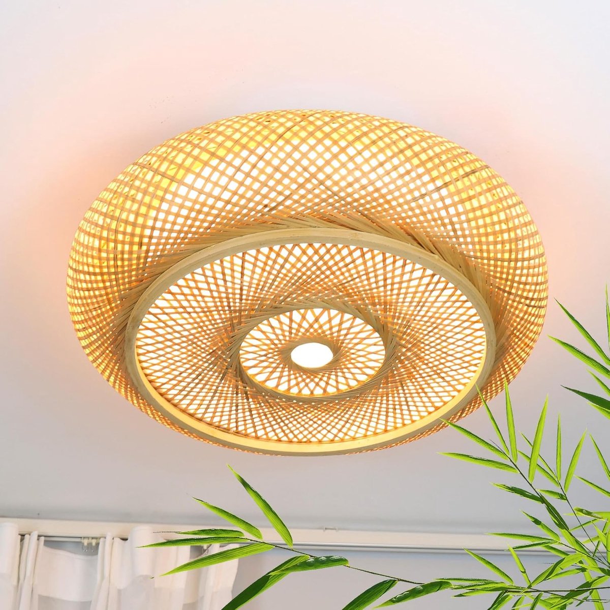Plafondlamp - Bruin - 60 x 60 x 18 cm - Handgeweven Bamboe Dimbare LED Plafondlamp - Voor Slaapkamer en Woonkamer