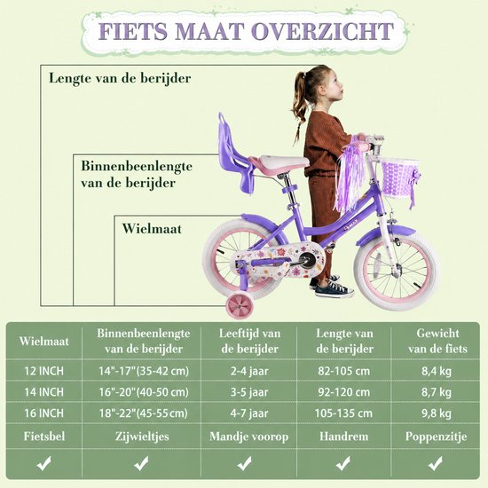 Vankel Meisjesfiets - 12/14/16 inch - Prinses Bloemendesign - Met Zijwieltjes, Roze Rieten Mand en Poppenzitje - Paars van VANKEL — afbeelding 4