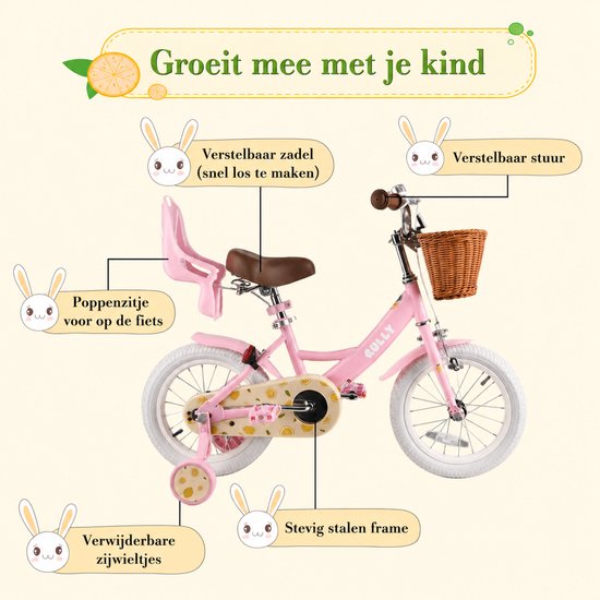 Rully Meisjesfiets - 12/14/16 inch - Fruitendesign - Met Zijwieltjes, Bruine Rieten Mand en Poppenzitje -Roze — afbeelding 2