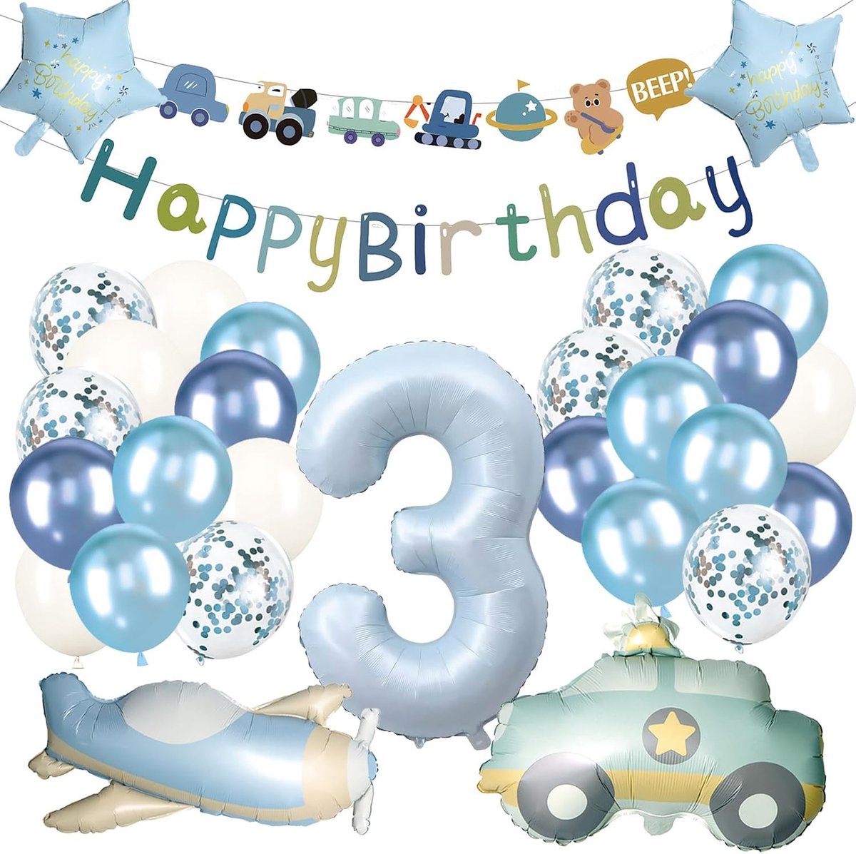 Verjaardagsdecoratie Set - Feestartikelen Jongen - Driejarige Viering - 31 Delige Set - Standaard Formaat - Blauw
