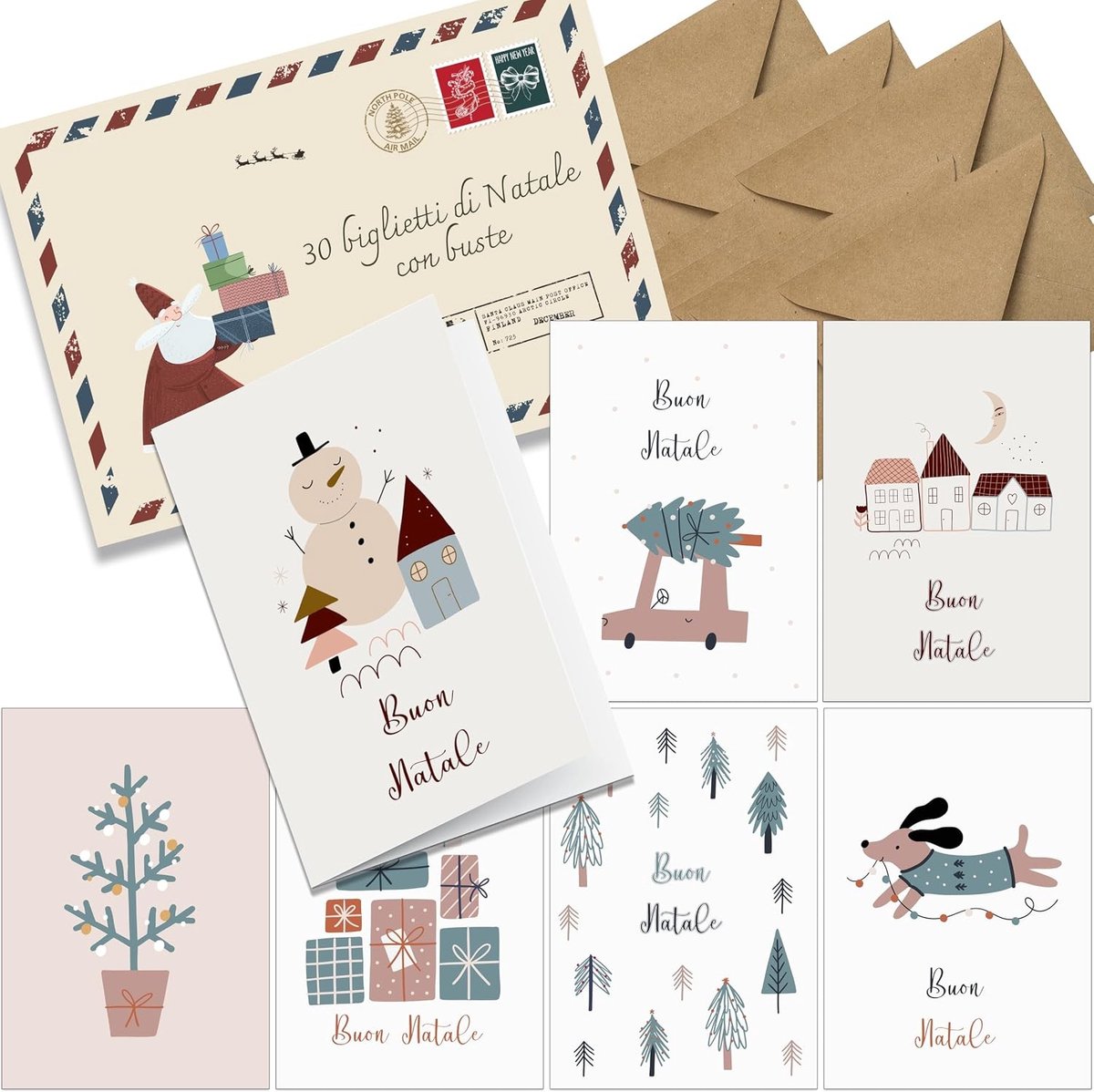 Set van 30 Kerstkaarten - A6 - Gerecycled Papier - Milieuvriendelijke Vouwkaarten in het Italiaans