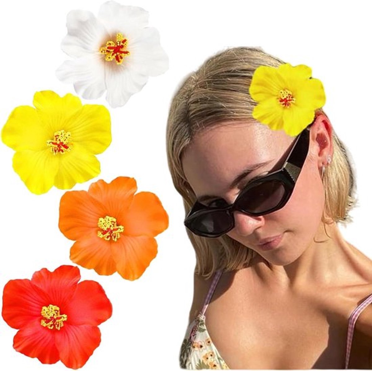 4 stuks Hawaïaanse bloemen haarklemmen voor vrouwen - hibiscus en rozen haarclips - 99 cm kunstbloemen haarclips.