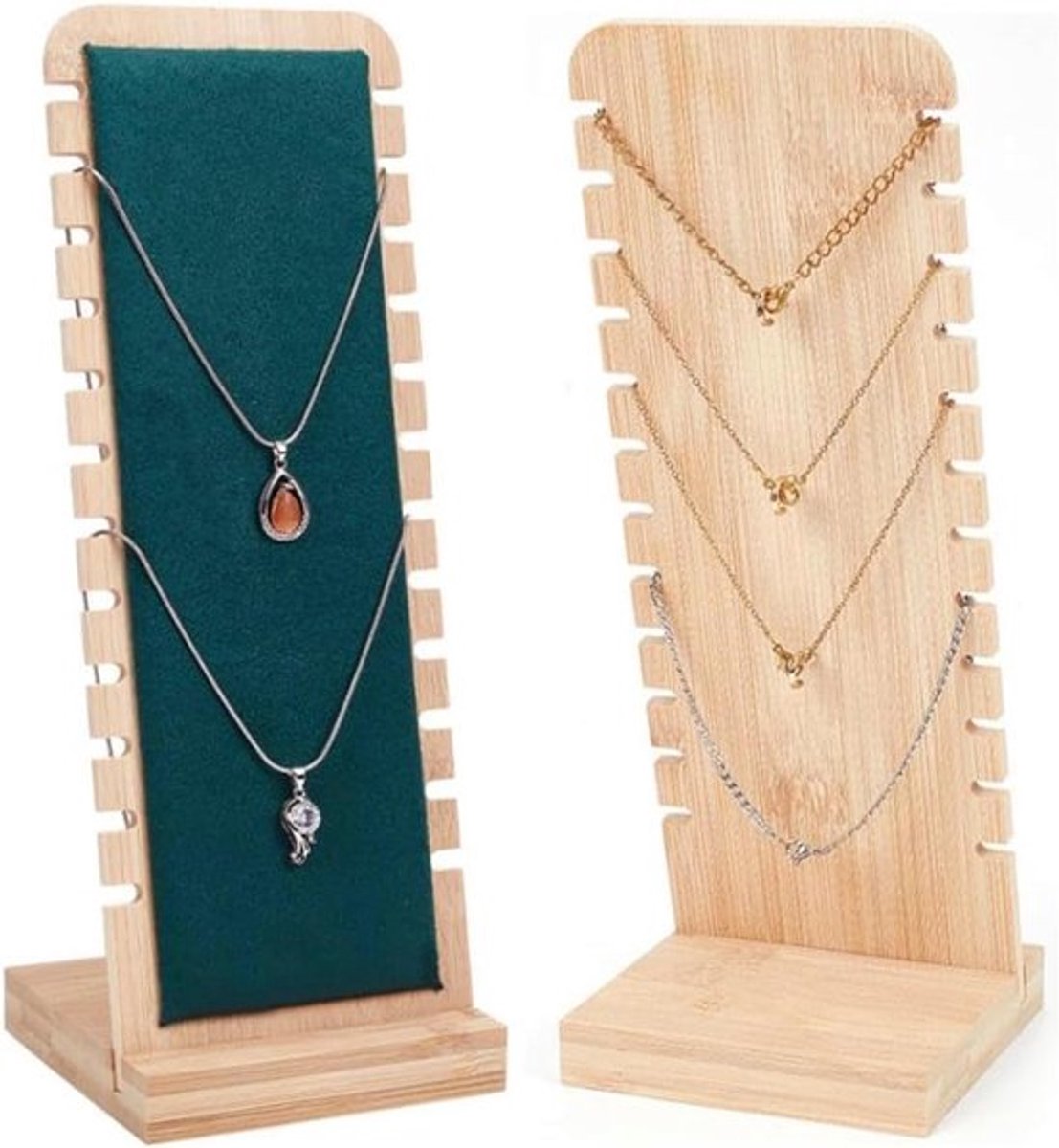 Houten kettingstandaard, 12 sleuven, sieradenstandaard, voor halskettingen, voor armband, halsketting, hanger, groen