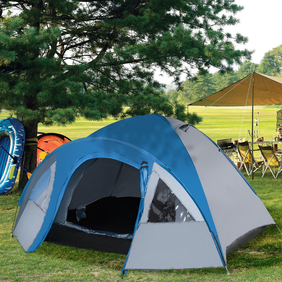 COVREO Koepeltent 300 x 250 x 130 cm blauw polyester, 4 personen, met voorruimte