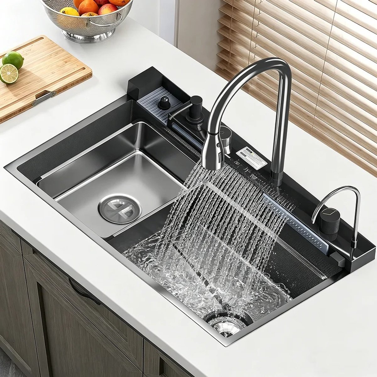 Parasha Nova Keukenkraan - RVS watervalkeukenkraan - Grote enkele spoelbak geïntegreerde digitale display kraanset zeepdispenser bekerreiniger