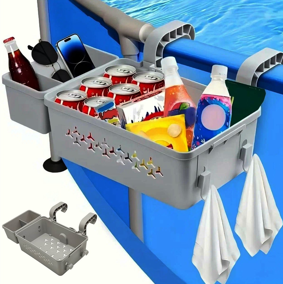 Zwembad Opbergmand - Hangende Zwembadmand - Opbergrek - Verstelbare Haken - Holle Bodem Voor Afvoer - ABS - 42x21x11 cm - Zwembad Organizer - Voor Kleine Accessoires & Speelgoed - Bovengronds Zwembad
