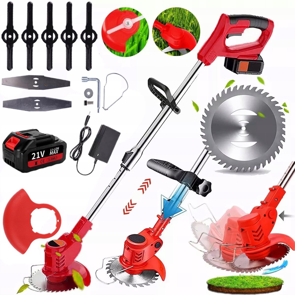 Accu Grastrimmer - Elektrische Onkruidmaaier - Bosmaaier - Kantenmaaier - 21V - 650W - 3 Soorten Messen - 2000mAh - 130 cm - Voor Tuin Gazon en Struiken