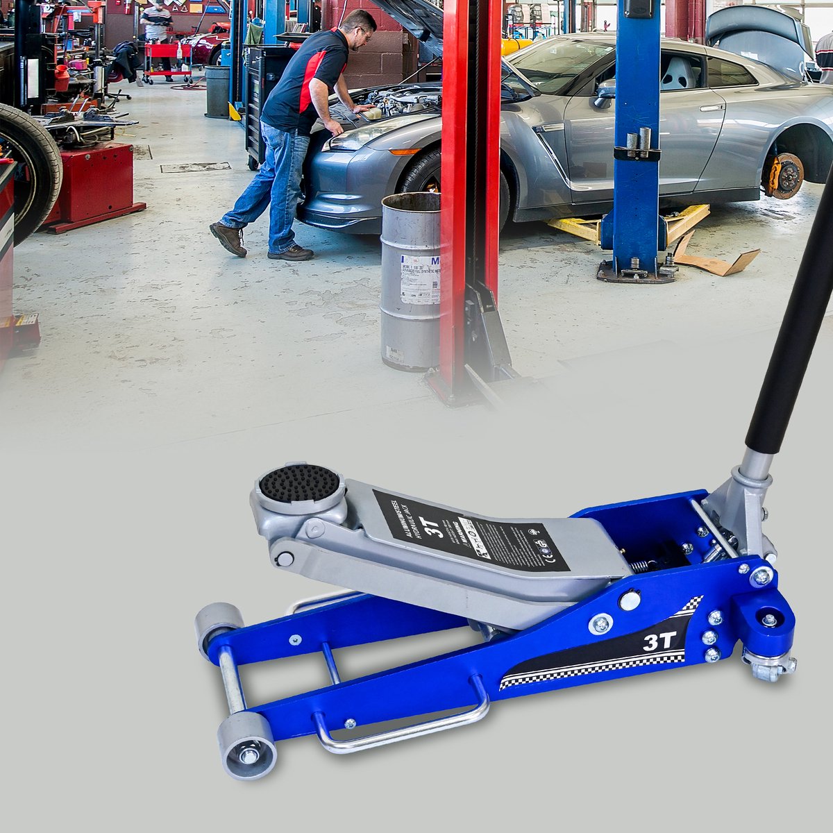 COVREO Hydraulische garagekrik 85,7x43,4x23 cm blauw zilver staal, voor auto en lichte vrachtwagens