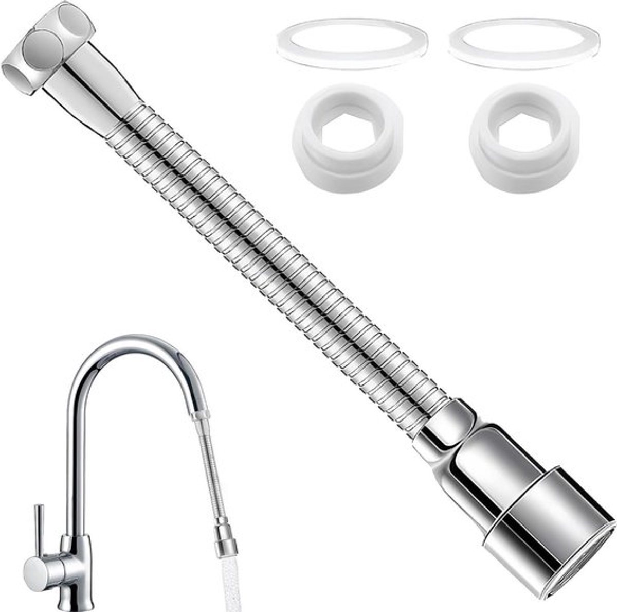 Verlengstuk waterkraan draaibaar 20 cm - Flexibele keukenslang badkamer en keuken - Waterbesparende kraan opzetstuk