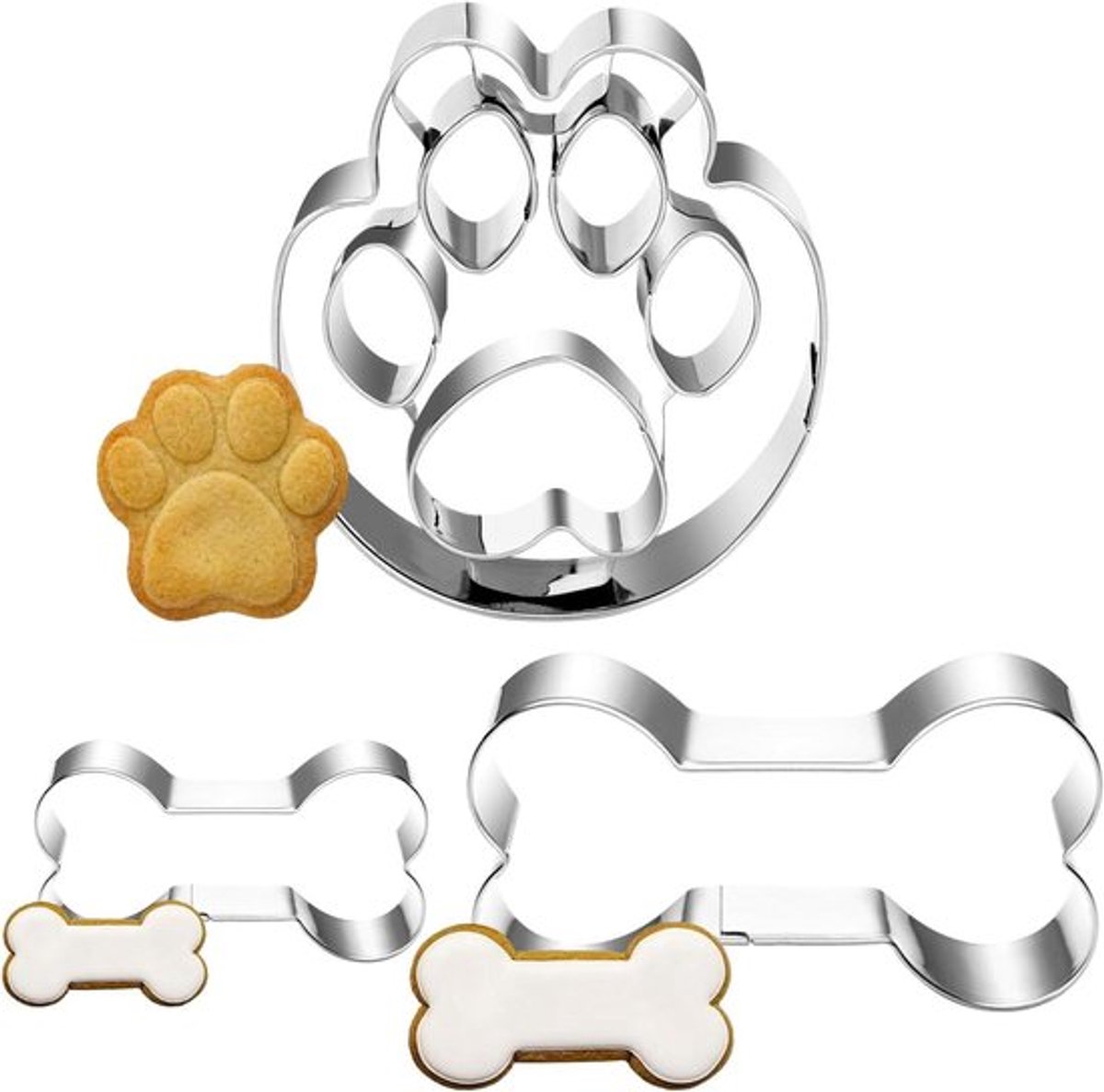 Uitsteekvormpjes voor hondenkoekjes - 3 stuks roestvrij staal met reliëf