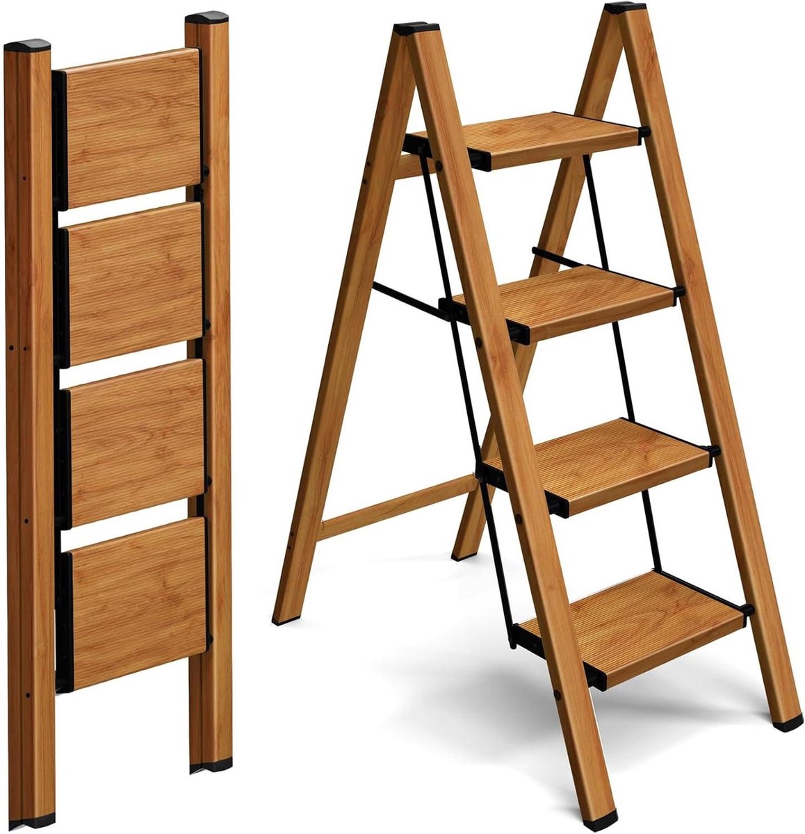 Trapladder 4 treden - Opstapkruk Vouwladder - Klusjes in Huis - Ruimtebesparend Opvouwbaar - 150 kg capaciteit - Houtlook
