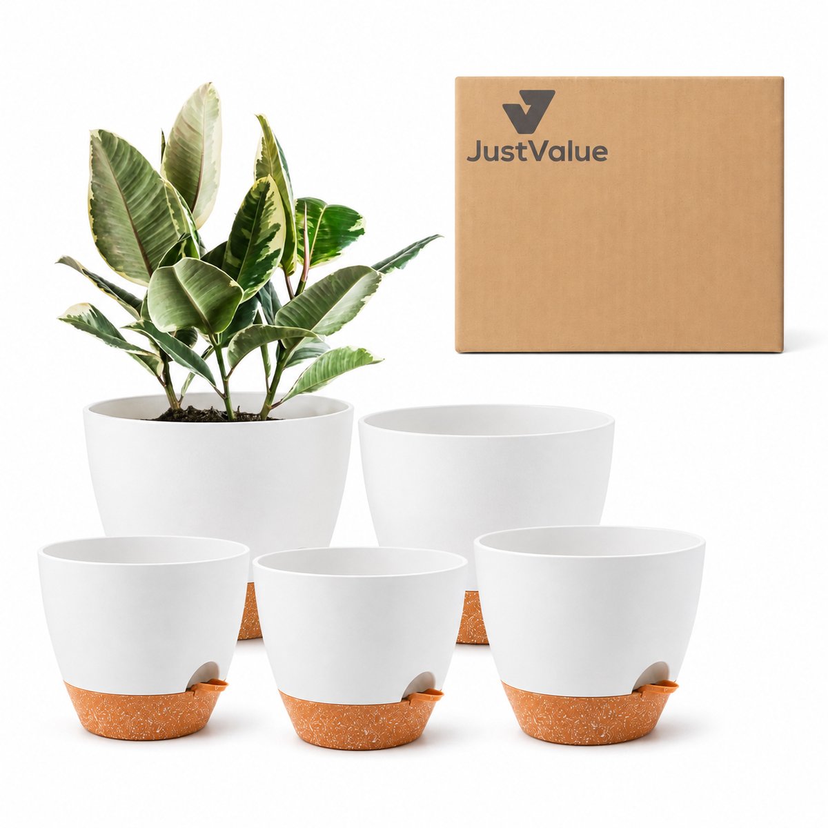 JustValue Zelfbewaterende Bloempotten - Set van 5 - Ø 12,7-17,8 cm - Wit - Met Waterreservoir