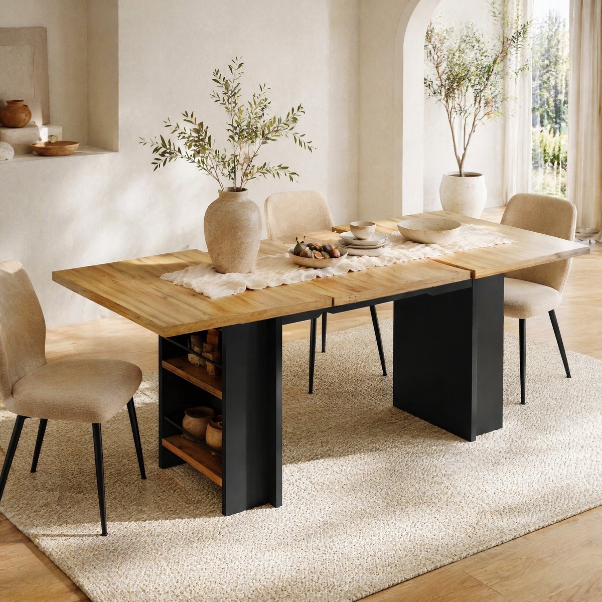 COVREO Uitschuifbare eettafel 160x80x75 cm naturel houtlook MDF, met opbergruimte