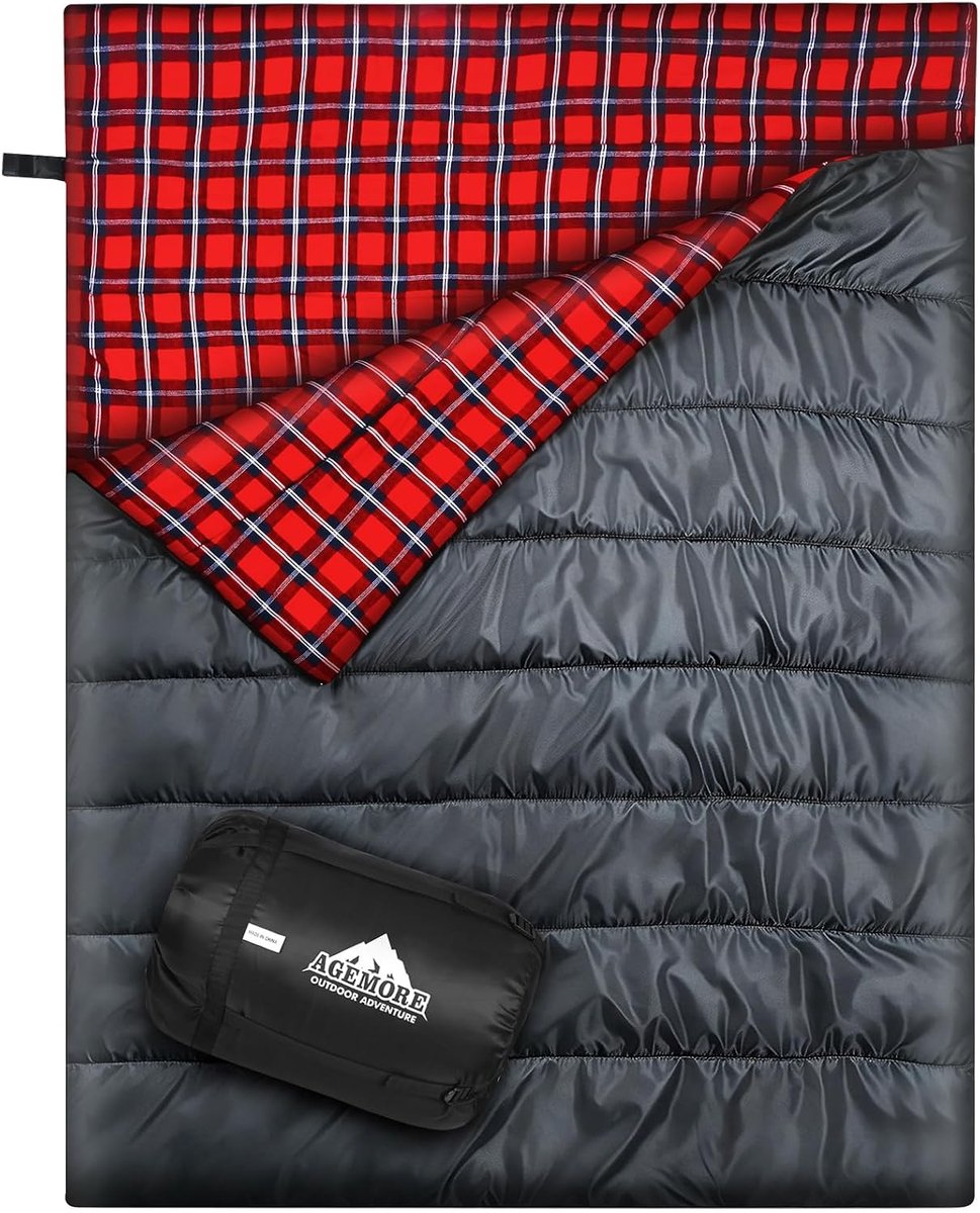 Dubbele Slaapzak - Grijs/Rood - Queen Size - Waterdichte Flanel Slaapzak voor Kamperen - Voor Volwassenen en Tieners