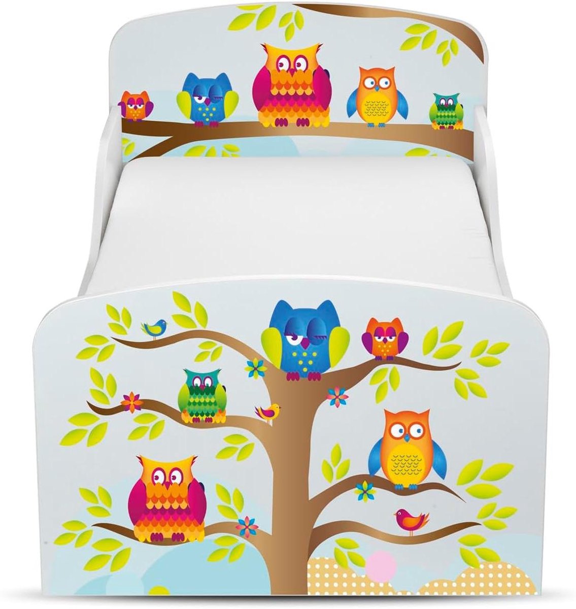 Kinderbed met Matras - Huisbed Tienerbed - Veilige Slaapplek - Afgeronde Randen - 160 x 80 cm - Wit Uilenprint