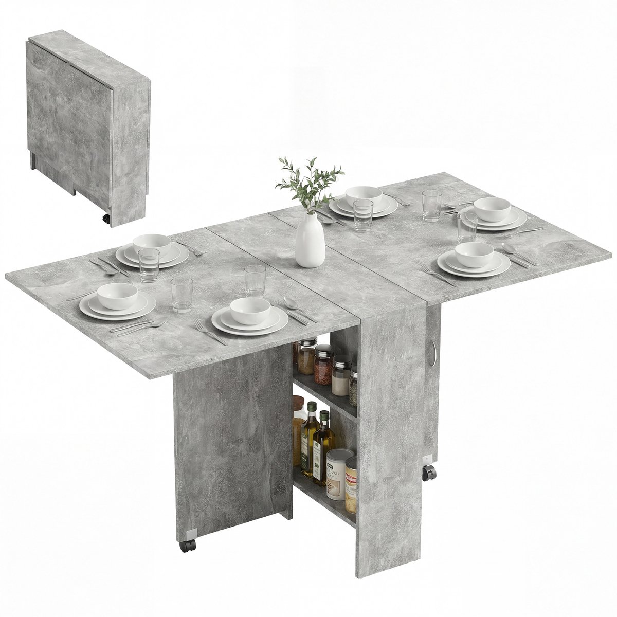 Opvouwbare keukentafel op wieltjes – met 2 ingebouwde legplanken – 75 x 140 x 74 cm (lengte x breedte x hoogte) – grijs