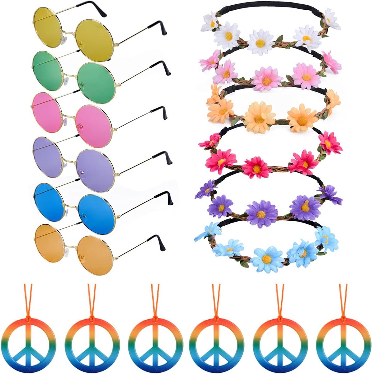 18-delige Hippie Kostuum Accessoire Set met Zonnebrillen, Vredestekens en Bloemenhoofdbanden voor 60s en 70s Feestjes en Themafeest Decoraties