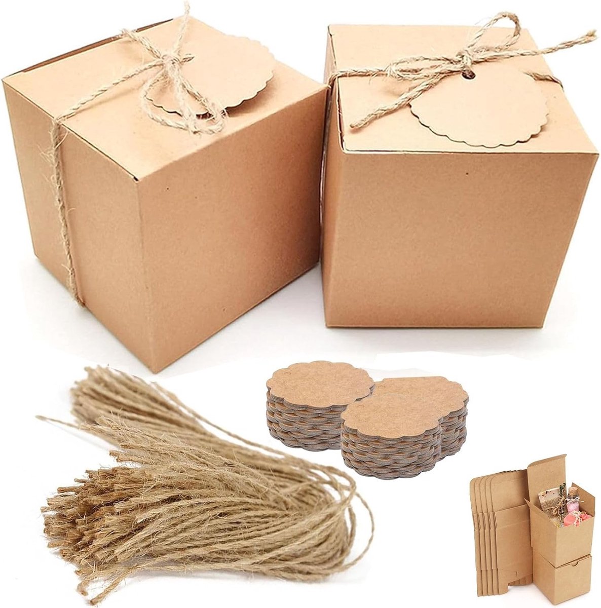 Set van 50 Cadeauboxen van Kraftpapier, Vierkante Chocoladeboxen 7 x 7 x 7 cm, Bruine Kartonnen Dozen met Deksel voor Verjaardagen, Feesten en Cadeaus