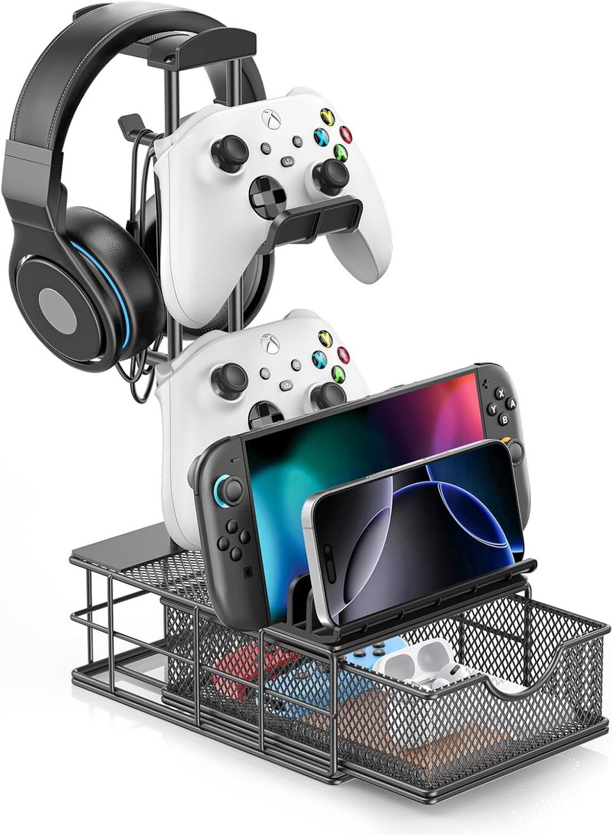 Hoofdtelefoonstandaard met Lade en Kabelorganizer - Universele Controllerhouder voor Bureau, Aluminium Ondersteuningsbalk en Gaming Accessoires Opslag