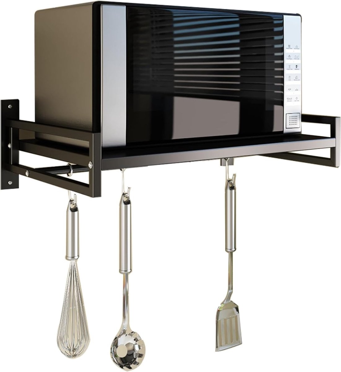 Wandgemonteerd Magnetron Plankje voor Keuken, Stalen Keukenrek met Haakrail en 3 Glijdende Haken, Ruimtebesparend en Functioneel Keukenaccessoire