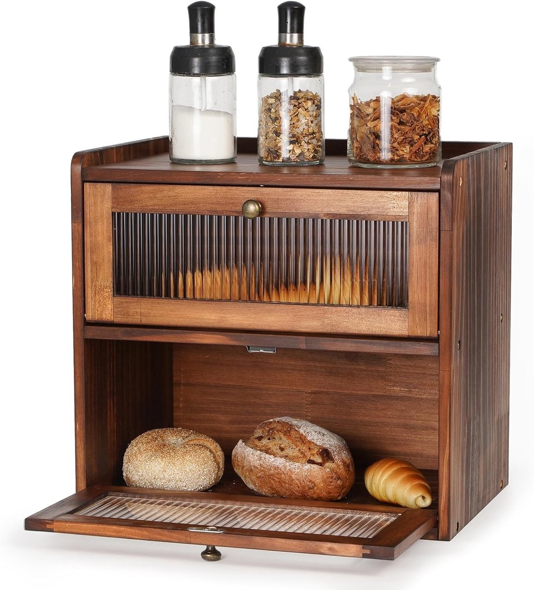 Houten Brooddoos voor Keuken - Dubbel Laags Broodopslag, Vintage Design, Versheid Behouden, 36.5x24x34cm (Bruin, L)