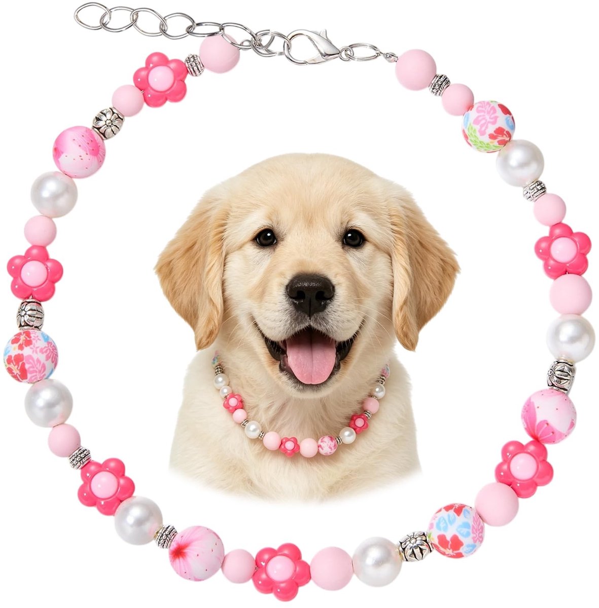 Omgoods - Verstelbare Kralen Halsband voor Honden en Katten met Roze Bloem