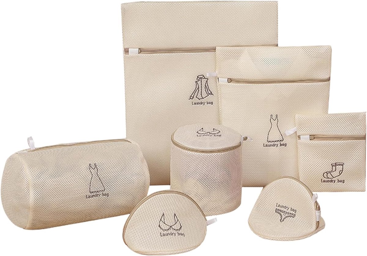 Set van wasnetten met gaas, 7-delige set waszakken met automatische ritssluiting, geschikt voor damesondergoed, damesoverhemden, korte rokken, panty's, BH's - beige