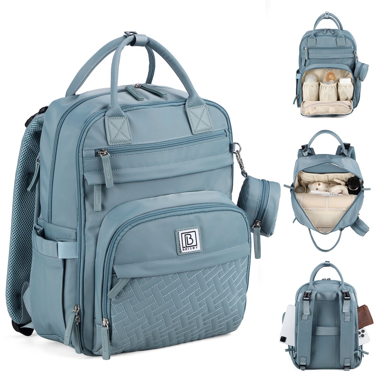 Brisby Premium Luiertas – Uitgebreide en Functionele Verzorgingstas – met buggymontage – Anti Diefstal Vakken - Reistrolley Sleeve - Inclusief verschoonmatje t.w.v.15,99 euro en speenhouder - Levenslange Garantie - Misty Blue