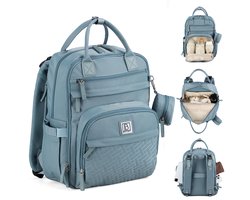Brisby Premium Luiertas – Uitgebreide en Functionele Verzorgingstas – met buggymontage – Anti Diefstal Vakken - Reistrolley Sleeve - Inclusief verschoonmatje t.w.v.15,99 euro en speenhouder - Levenslange Garantie - Misty Blue