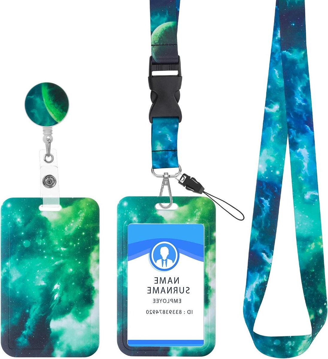 Kaarthouder met Lanyard - Naamhouder Badge - Identificatie Tonen - Uitschuifbare Rol - 11 x 7 cm - Sterrenhemel Groen