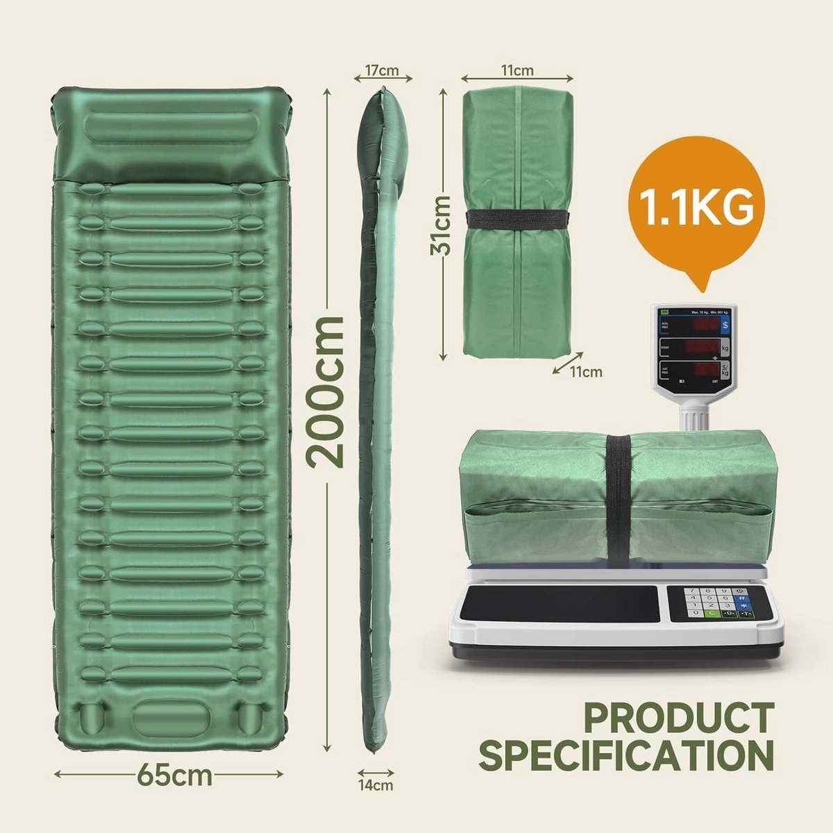 Strandmat met rugleuning - Groen - 200 x 65 x 14 cm - Isolerende Slaapmat met Geïntegreerd Kussen - Voor Outdoor en Reizen