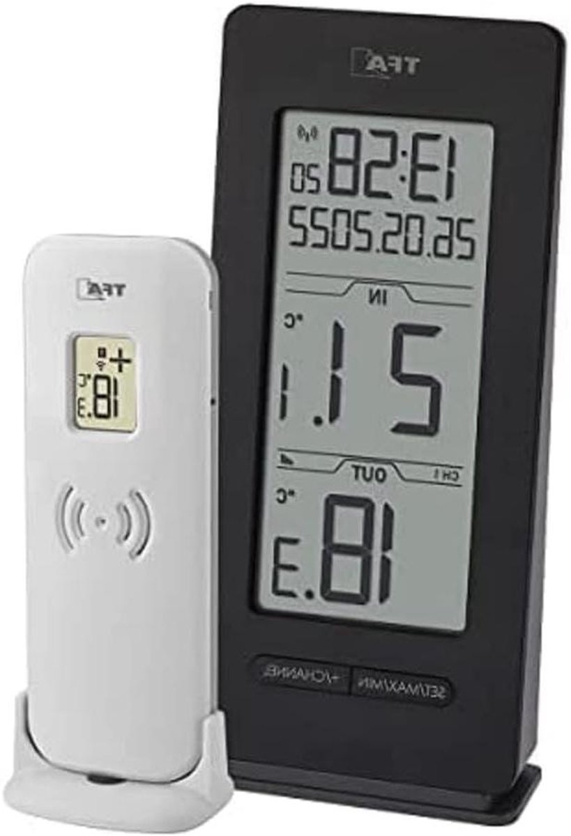 Draadloze Thermometer - Weerstation Buiten Binnen - Temperatuur Monitoren - Radiografische Klok - 100m Bereik - Zwart