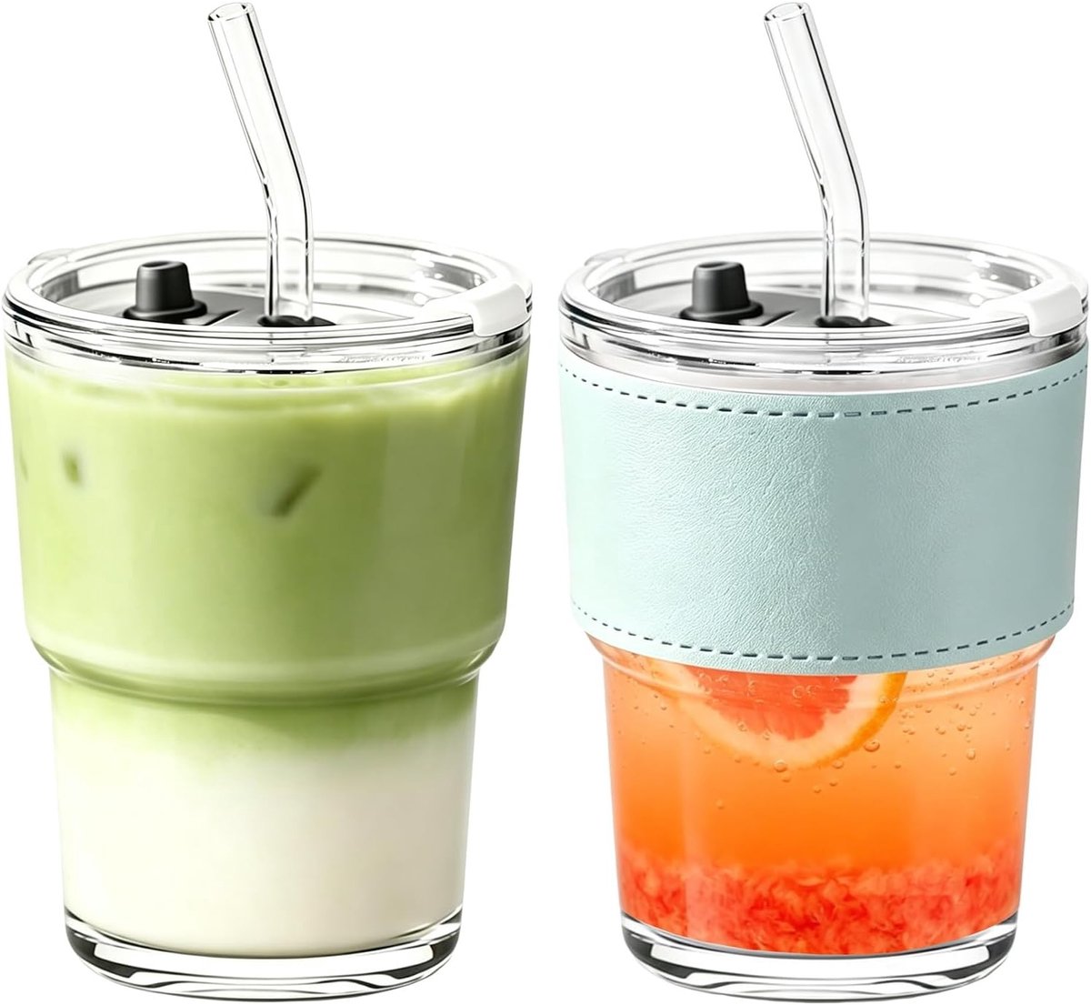 Ijskoffie glazen - Transparant - 450 ml - Dikkewandig Glas met Luchtdichte Deksel en Glazen Rietje - Voor To Go Gebruik