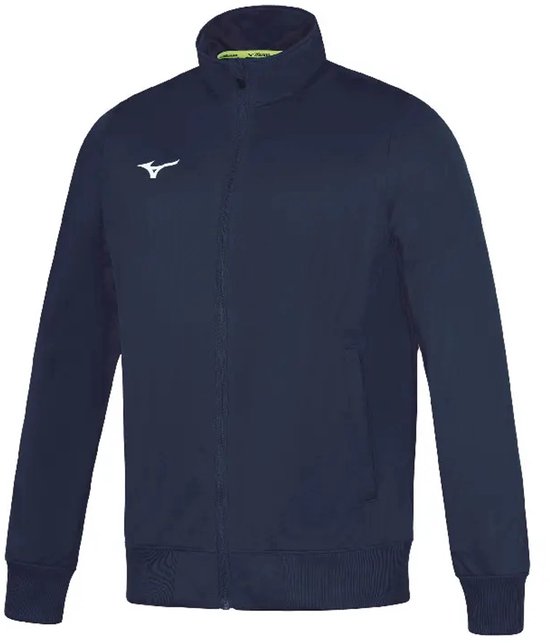 Donkerblauw Mizuno Team Core trainingsjack met opstaande kraag, ritssluiting en wit Mizuno-logo op de borst.