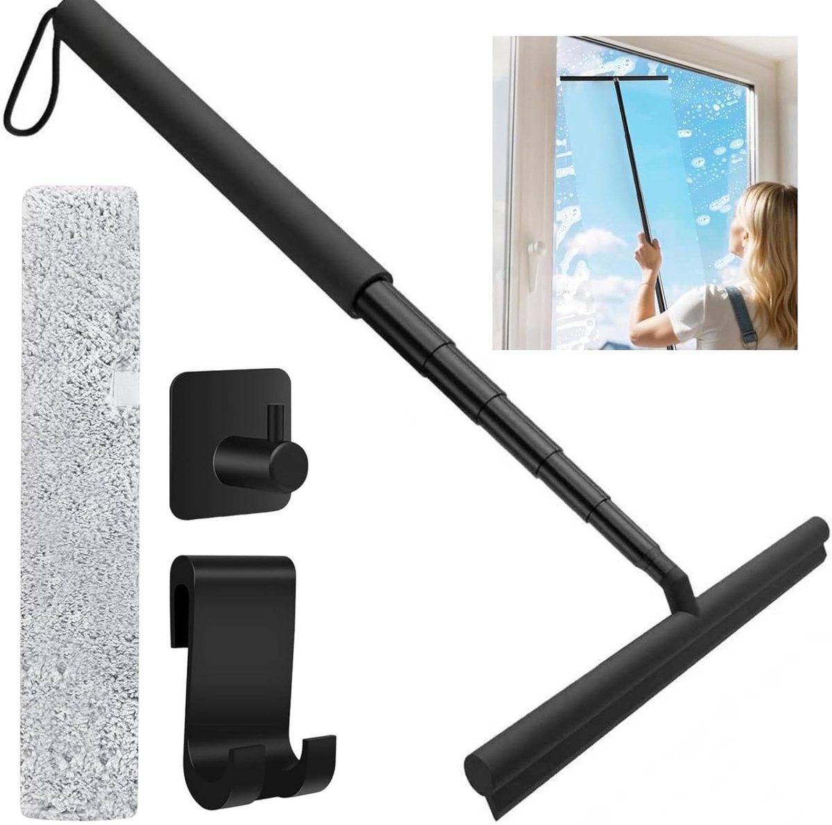 Douchewisser Trekker - Raamwisser Spiegelwisser - Badkamer Reinigen - Uitschuifbaar Handvat - 30-140 cm - Zwart