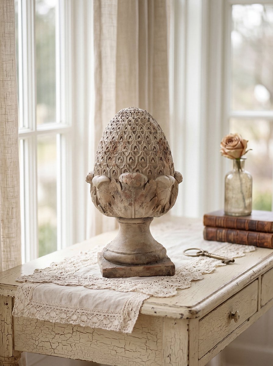 Clayre & Eef Decoratie Ornament Dennenappel 27x27x45 cm Beige Keramiek