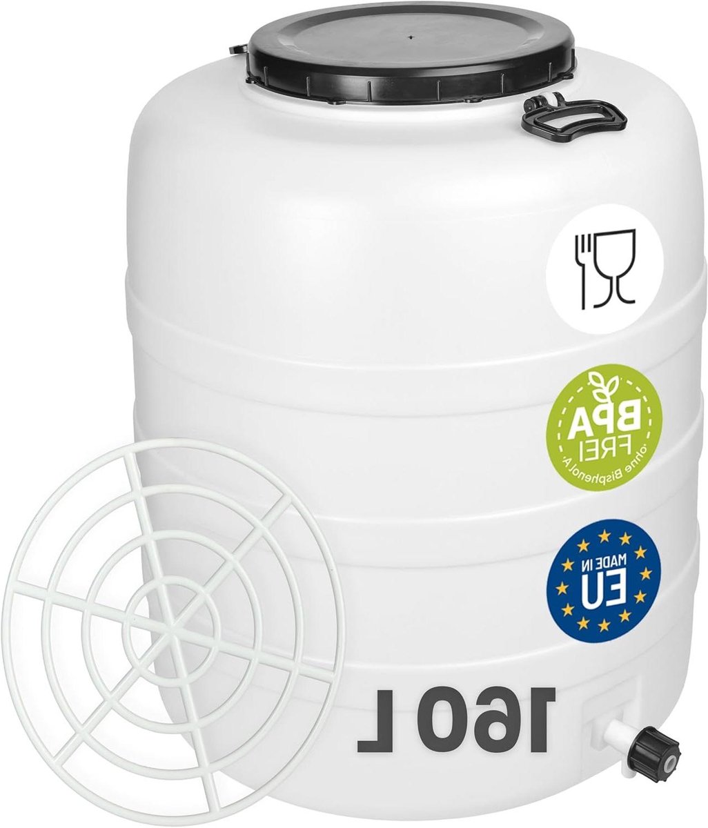 Regenton met Kraan - Watercontainer Opslagvat - Regenwater Opvangen - Inclusief Persrooster - 160 Liter - Wit