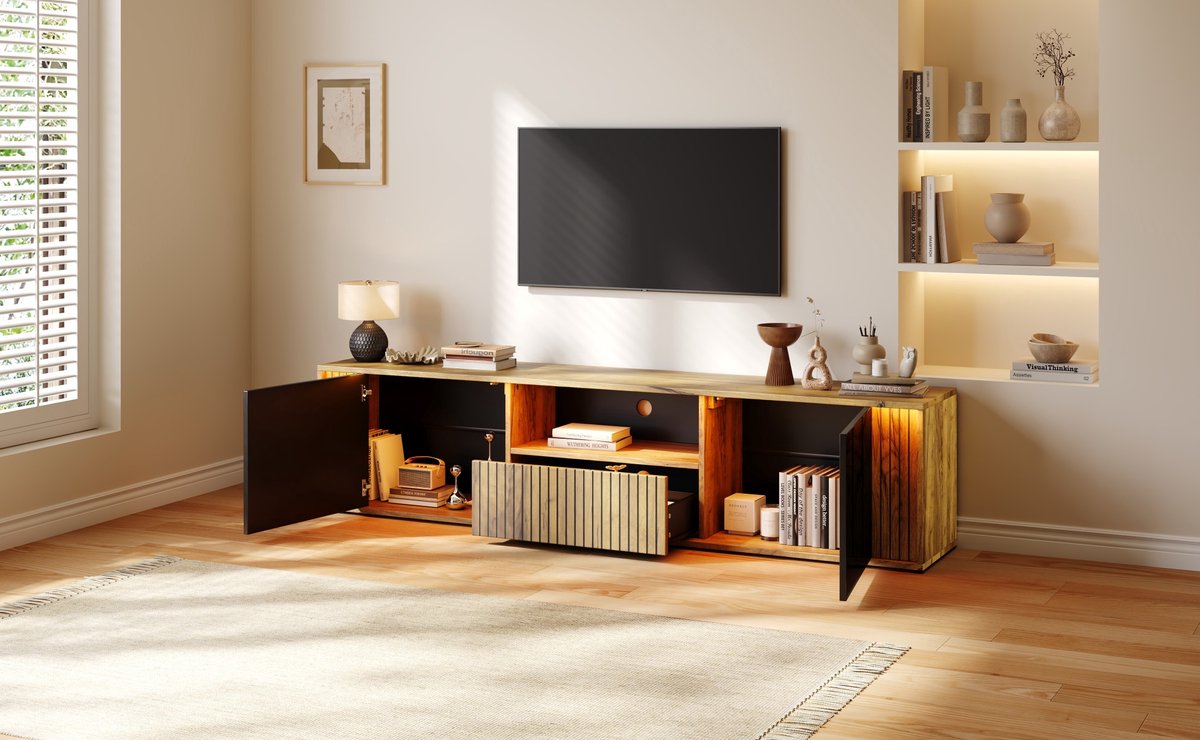 Wishdor Tv-meubel - 180 cm breed - geschikt voor tv's tot 75 inch - 2 deuren - 1 lade - LED-verlichting - zwart en houtlook