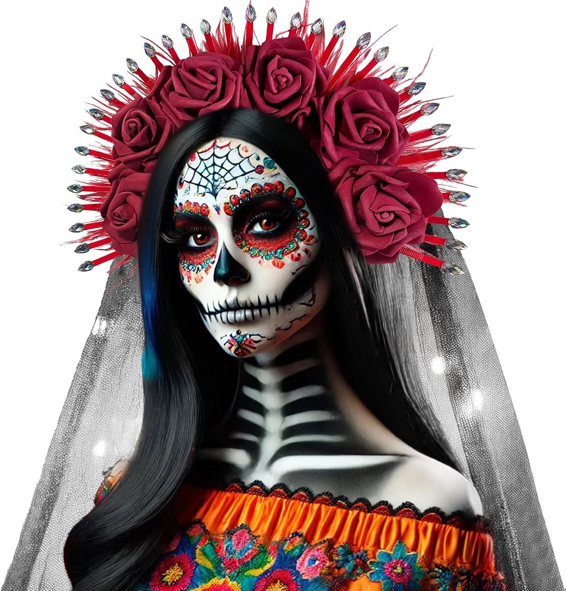 Mexicaanse rode bloemenhoofdband met witte bloemen voor Dag van de Doden en Cinco de Mayo feestkostuum | kleurrijke hoofddeksel voor festivals en themafeesten