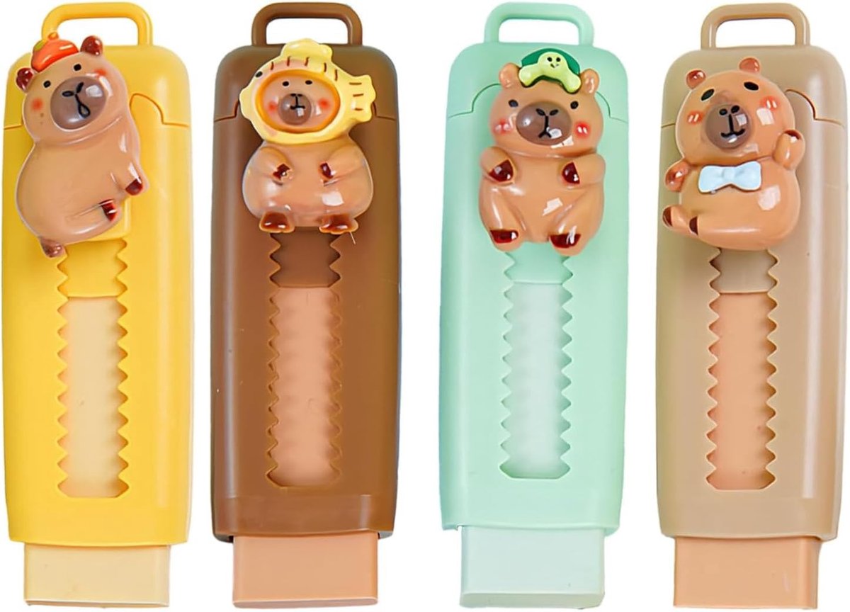 Grappige Uittrekbare Gum Set, 4 Stuks, Kawaii Capybara, Perfect voor School, Kantoor en Creatieve Projecten