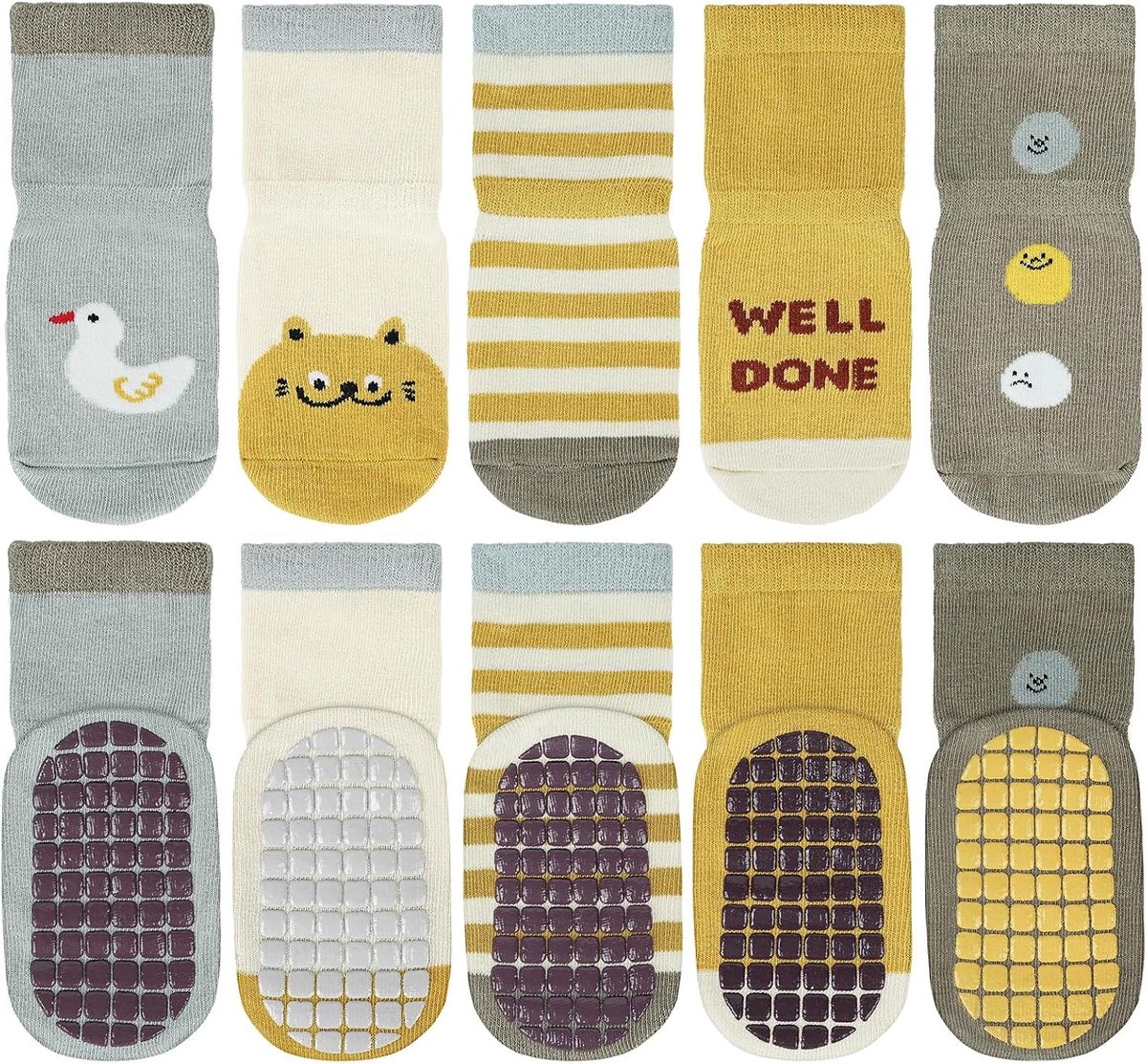 Kleurige non-slip sokken voor baby's en peuters, 5 paar katoenen kindersokken voor dagelijks gebruik en sportactiviteiten