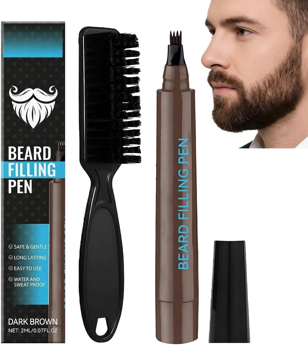 Stijlvol Vulpen Set voor Mannen met Borstel, Waterproof Beardschrijfpen, Perfect voor Baard, Snor en Wenkbrauwen